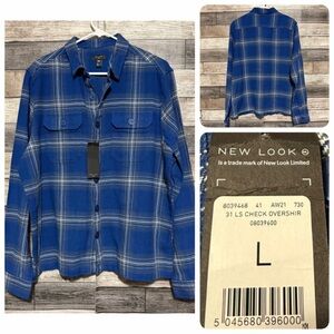New Look Flannel Over Shirt Men’s L Blue Plaid Button Up Heavyweight Casual